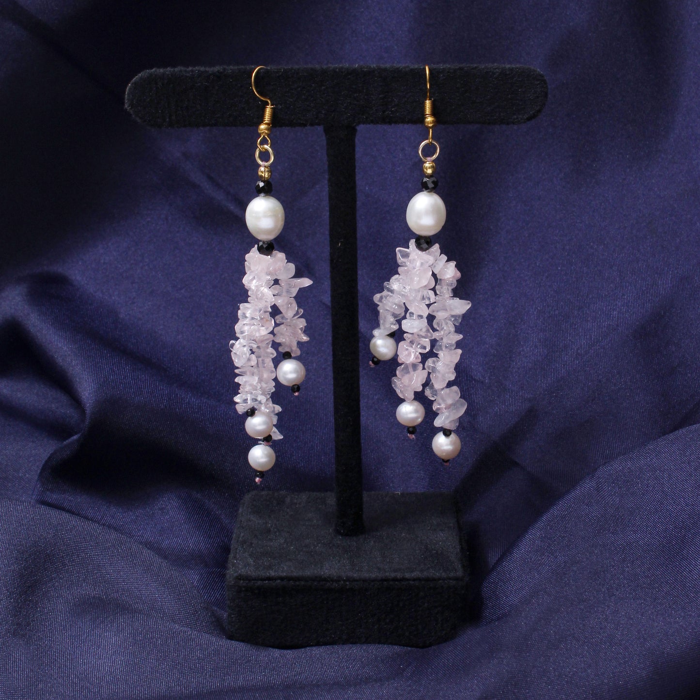 Handmade Rose Quartz Chip, Black Spinel & Pearl Dangle Earrings | Natural Crystal Healing Jewelry