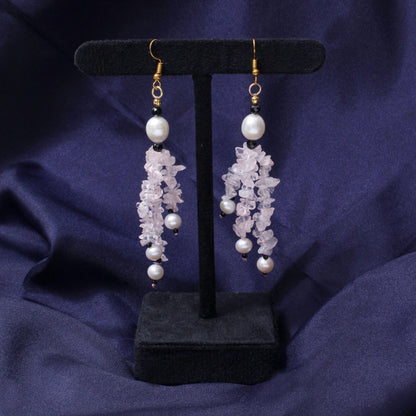 Handmade Rose Quartz Chip, Black Spinel & Pearl Dangle Earrings | Natural Crystal Healing Jewelry