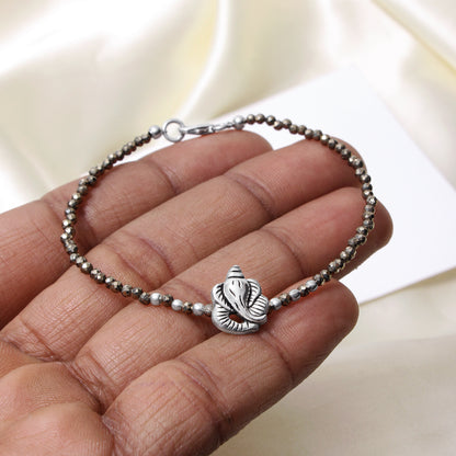 Natural Pyrite Faceted Bead Bracelet with Ganesha Charm – 925 Sterling Silver Prosperity & Protection Gemstone Bracelet