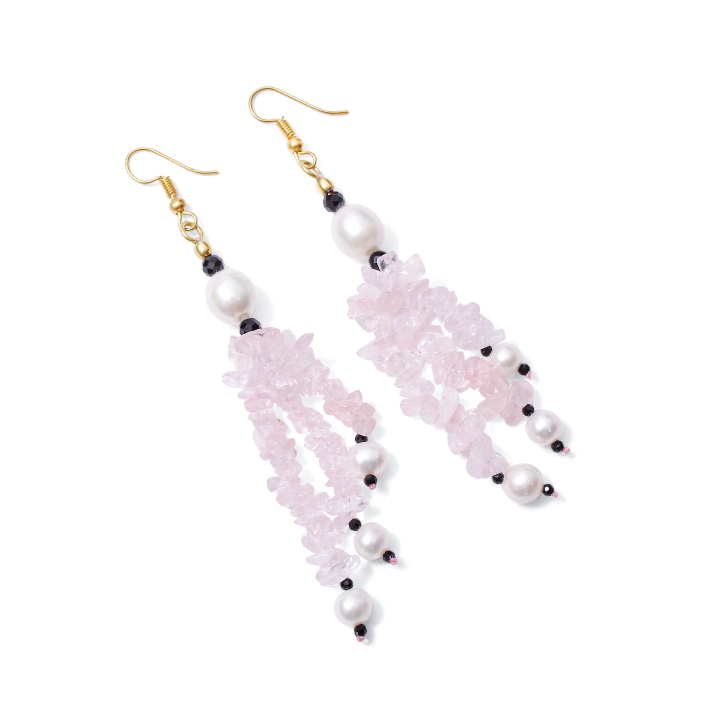 Handmade Rose Quartz Chip, Black Spinel & Pearl Dangle Earrings | Natural Crystal Healing Jewelry