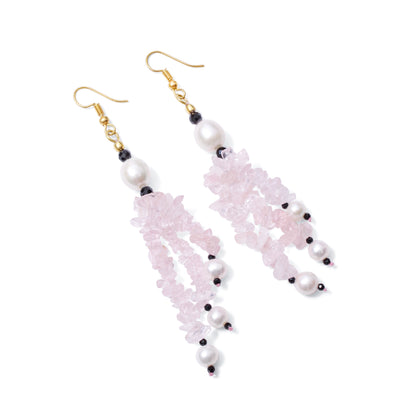 Handmade Rose Quartz Chip, Black Spinel & Pearl Dangle Earrings | Natural Crystal Healing Jewelry