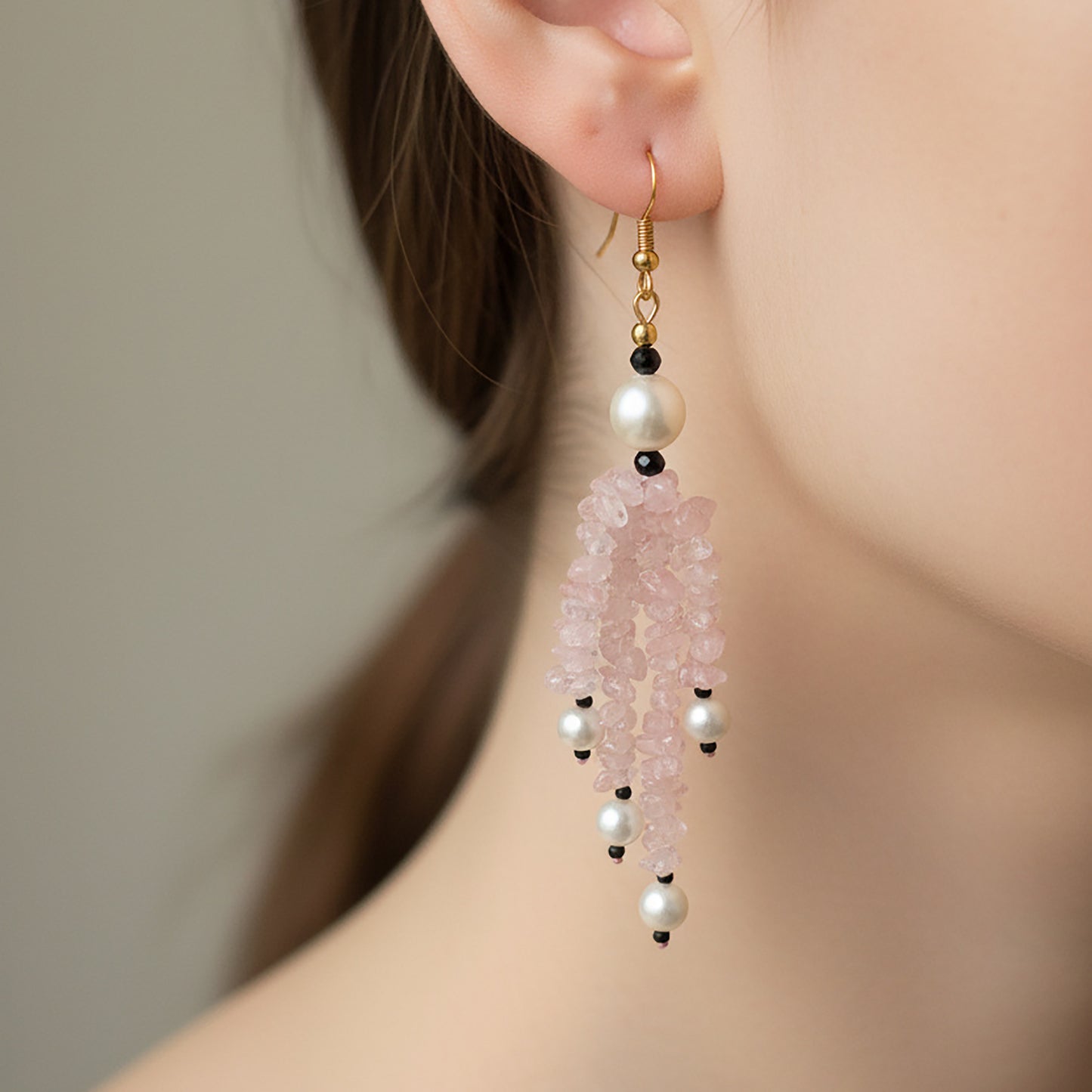 Handmade Rose Quartz Chip, Black Spinel & Pearl Dangle Earrings | Natural Crystal Healing Jewelry