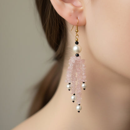 Handmade Rose Quartz Chip, Black Spinel & Pearl Dangle Earrings | Natural Crystal Healing Jewelry