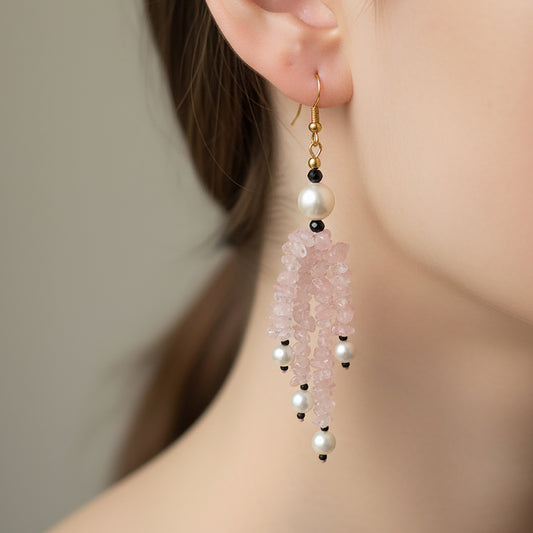 Handmade Rose Quartz Chip, Black Spinel & Pearl Dangle Earrings | Natural Crystal Healing Jewelry
