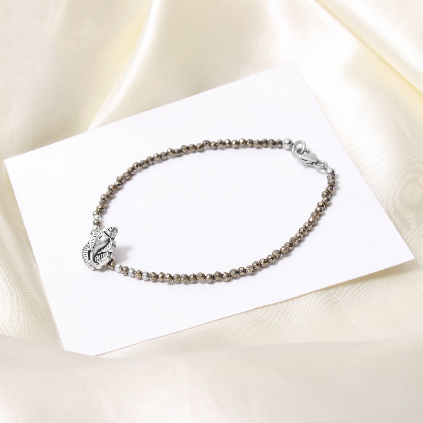 Natural Pyrite Faceted Bead Bracelet with Ganesha Charm – 925 Sterling Silver Prosperity & Protection Gemstone Bracelet