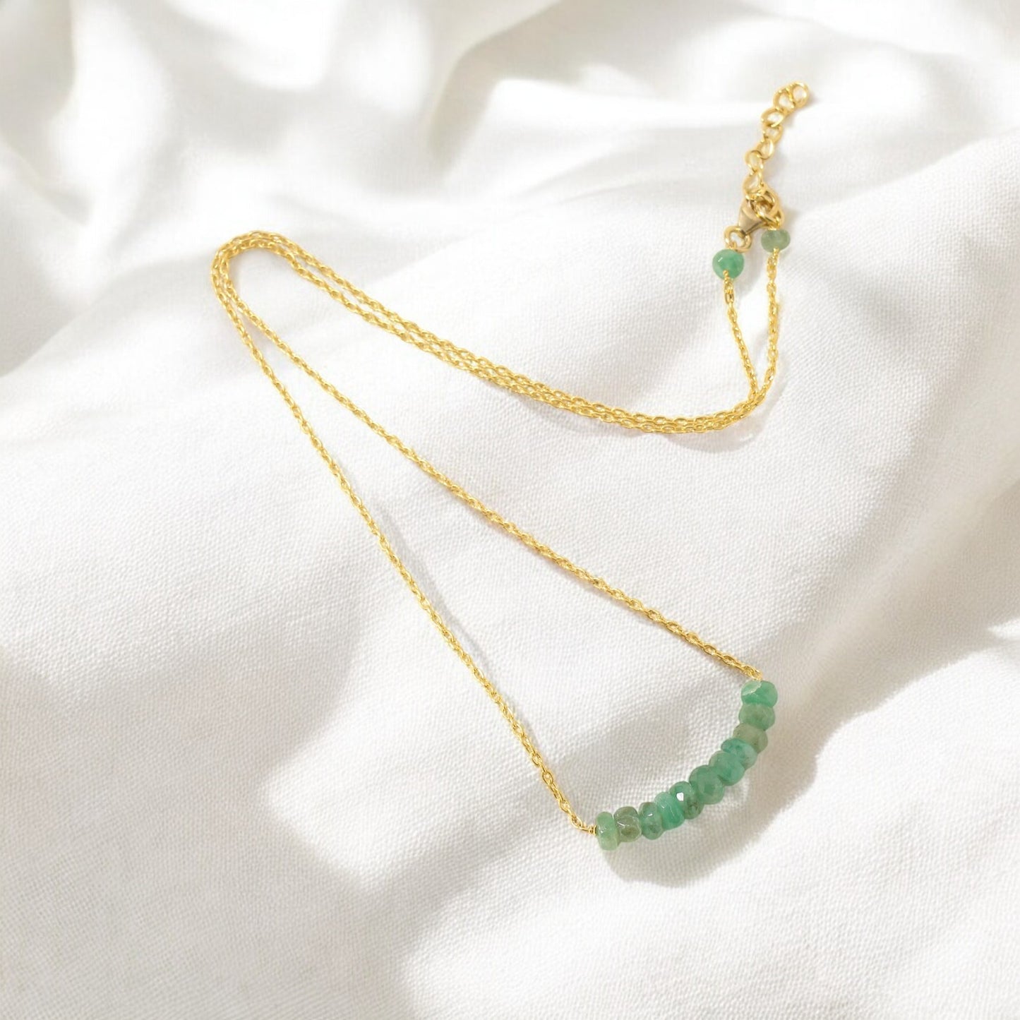 Delicate Natural Emerald Beaded Bar Necklace – Minimalist Birthstone Jewelry