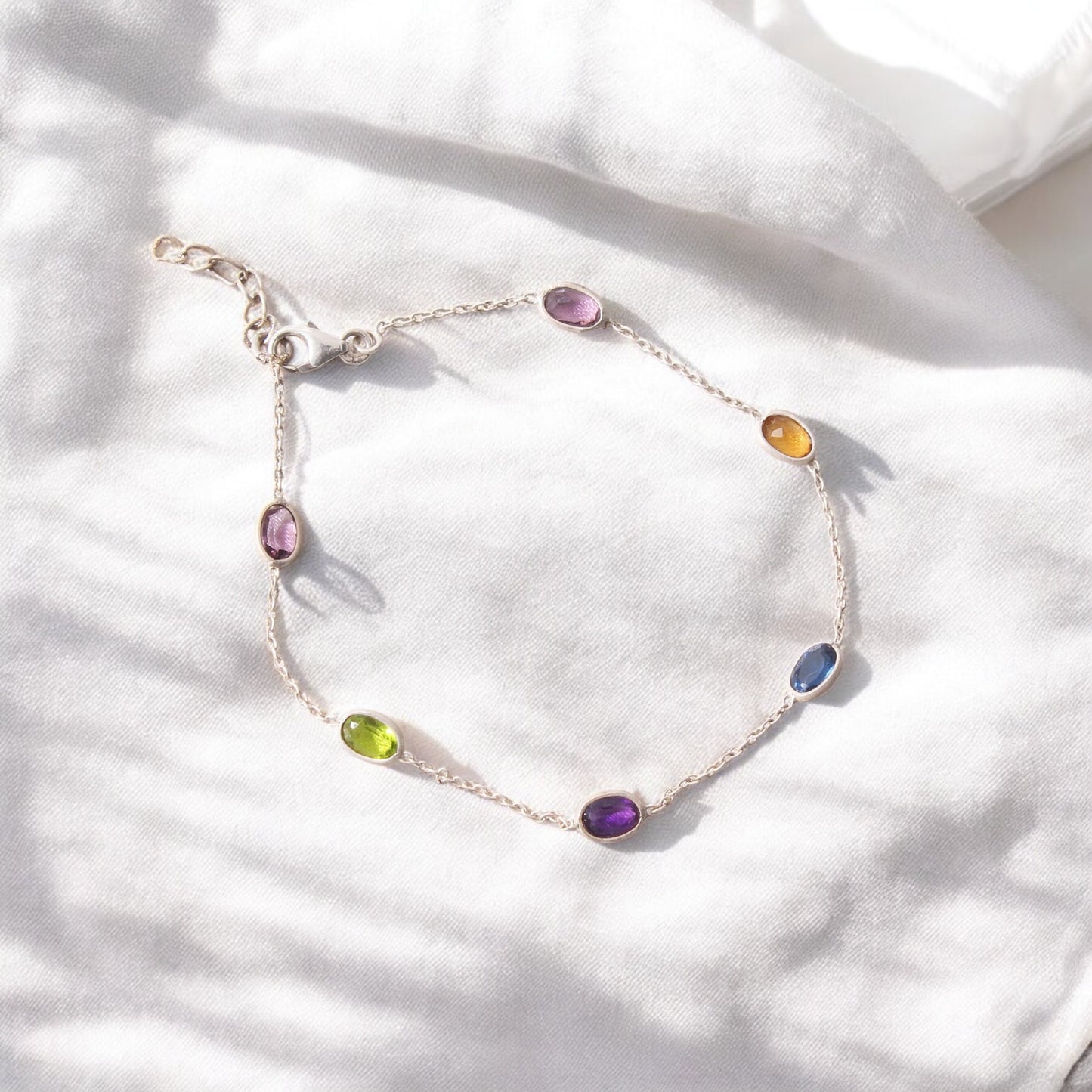 Elegant Multi-Gemstone Bezel Set Silver Bracelet – Colorful & Stylish Jewelry