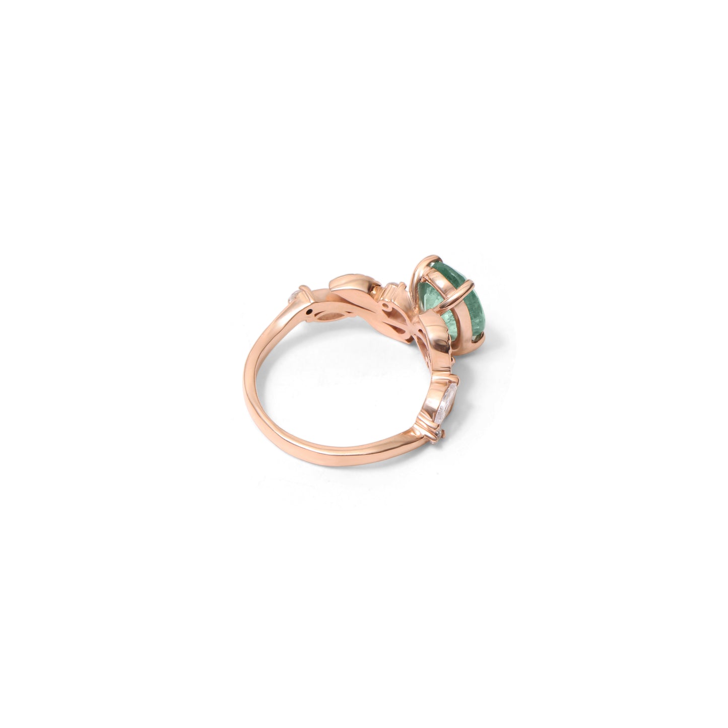Natural Emerald Gemstone Ring in Rose Gold – Oval Cut Green Emerald Leaf Design Engagement Ring for Women