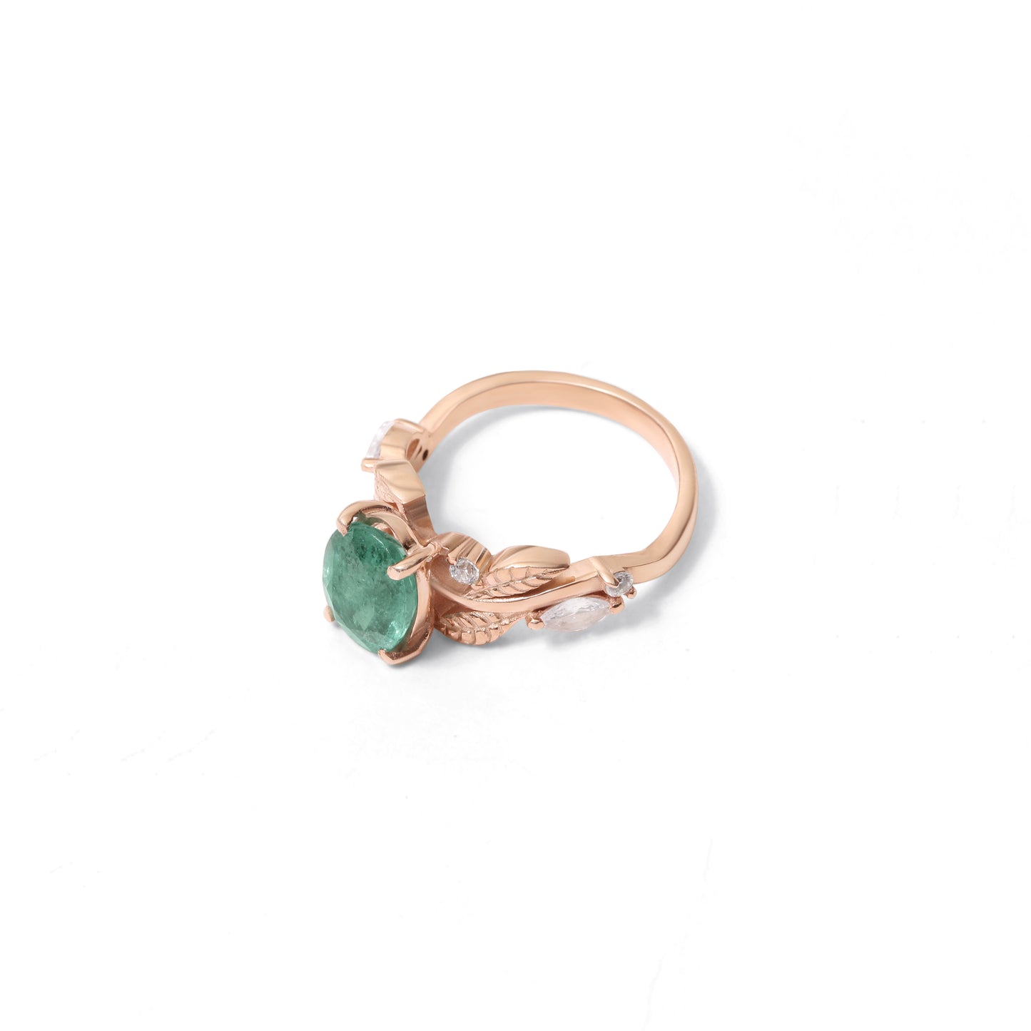 Natural Emerald Gemstone Ring in Rose Gold – Oval Cut Green Emerald Leaf Design Engagement Ring for Women