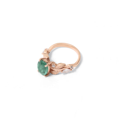 Natural Emerald Gemstone Ring in Rose Gold – Oval Cut Green Emerald Leaf Design Engagement Ring for Women