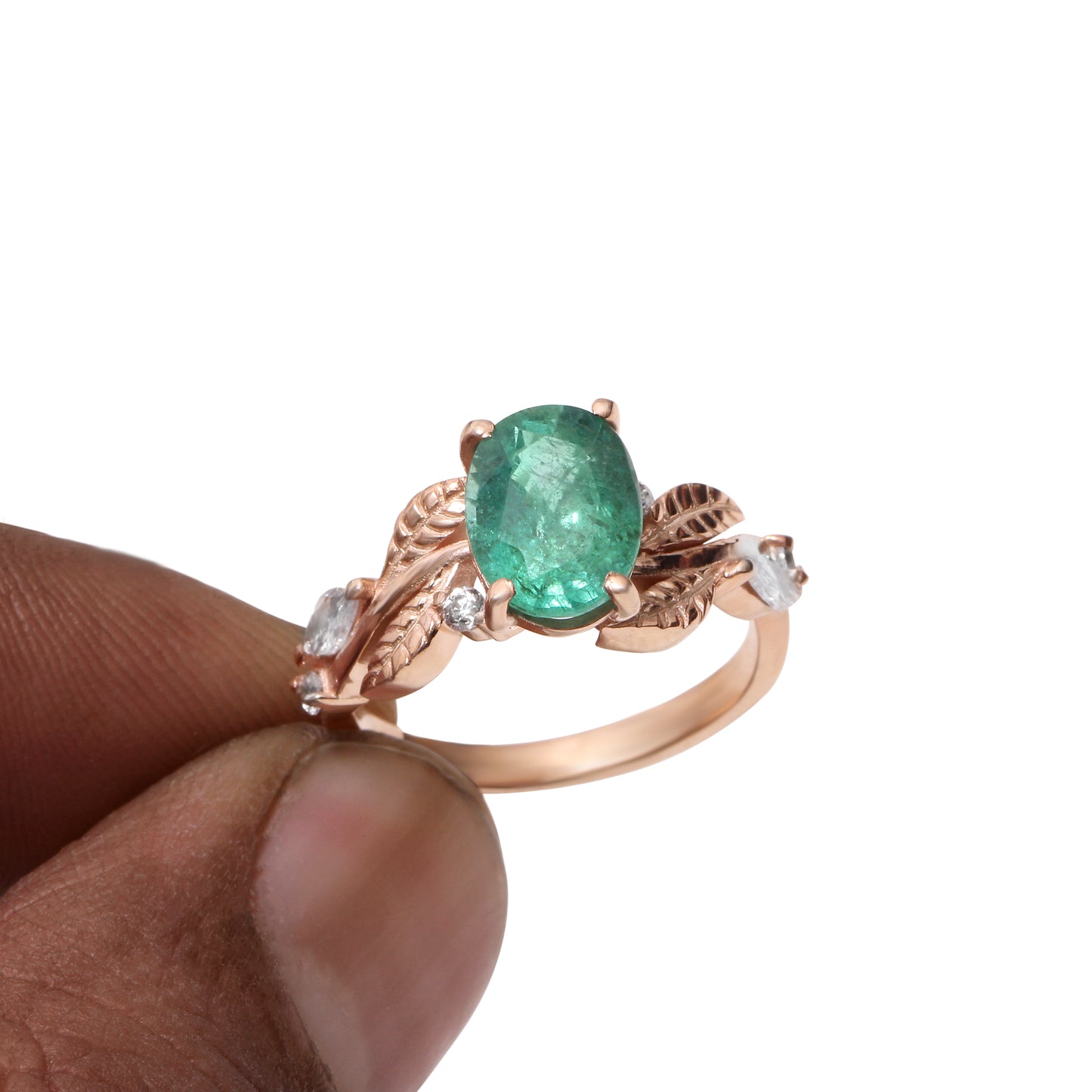 Natural Emerald Gemstone Ring in Rose Gold – Oval Cut Green Emerald Leaf Design Engagement Ring for Women