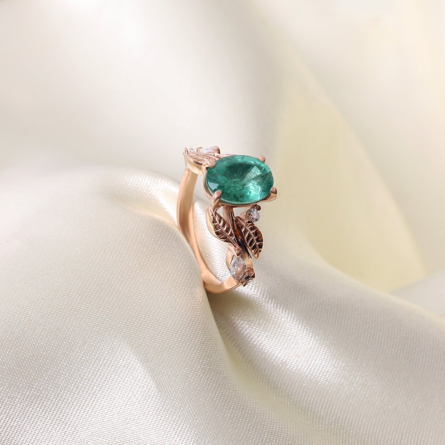 Natural Emerald Gemstone Ring in Rose Gold – Oval Cut Green Emerald Leaf Design Engagement Ring for Women