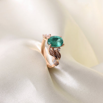 Natural Emerald Gemstone Ring in Rose Gold – Oval Cut Green Emerald Leaf Design Engagement Ring for Women