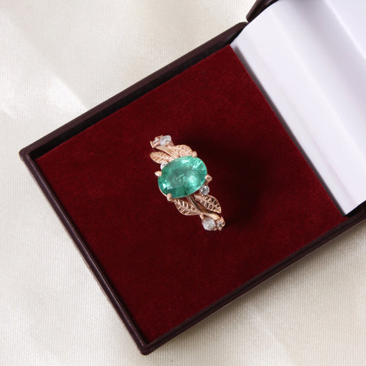 Natural Emerald Gemstone Ring in Rose Gold – Oval Cut Green Emerald Leaf Design Engagement Ring for Women