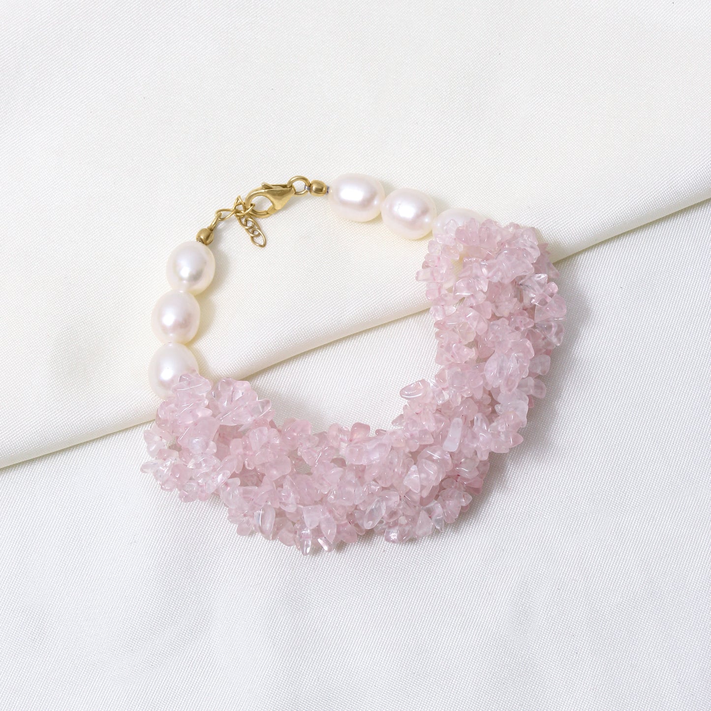 Natural Rose Quartz & Pearl Gemstone Designer Bracelet – Handmade Chunky Crystal & Freshwater Pearl Healing Jewelry