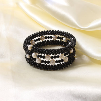 Elegant Natural Black Spinel & Pearl Wrap Style Beaded Bangle – Handmade Stretch Bracelet