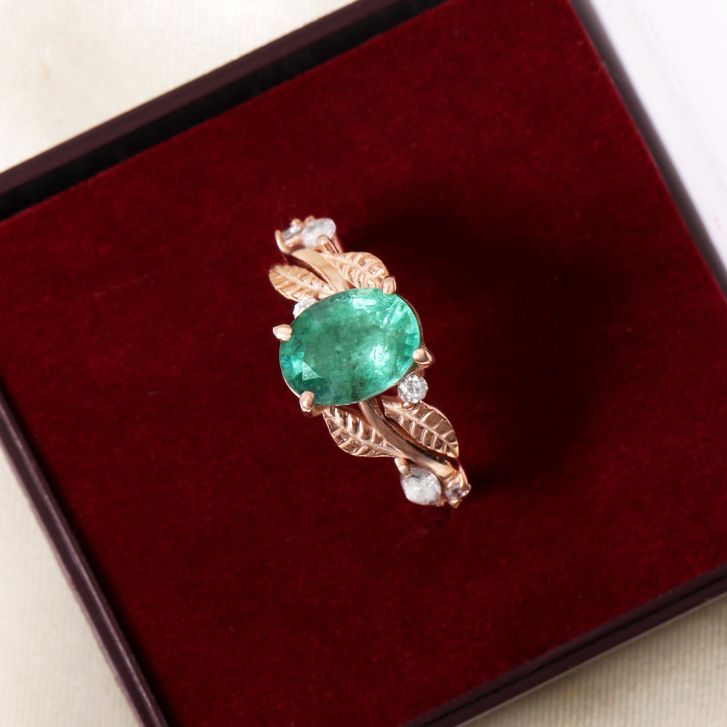Natural Emerald Gemstone Ring in Rose Gold – Oval Cut Green Emerald Leaf Design Engagement Ring for Women