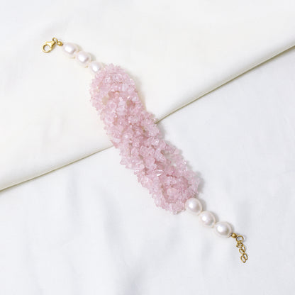 Natural Rose Quartz & Pearl Gemstone Designer Bracelet – Handmade Chunky Crystal & Freshwater Pearl Healing Jewelry