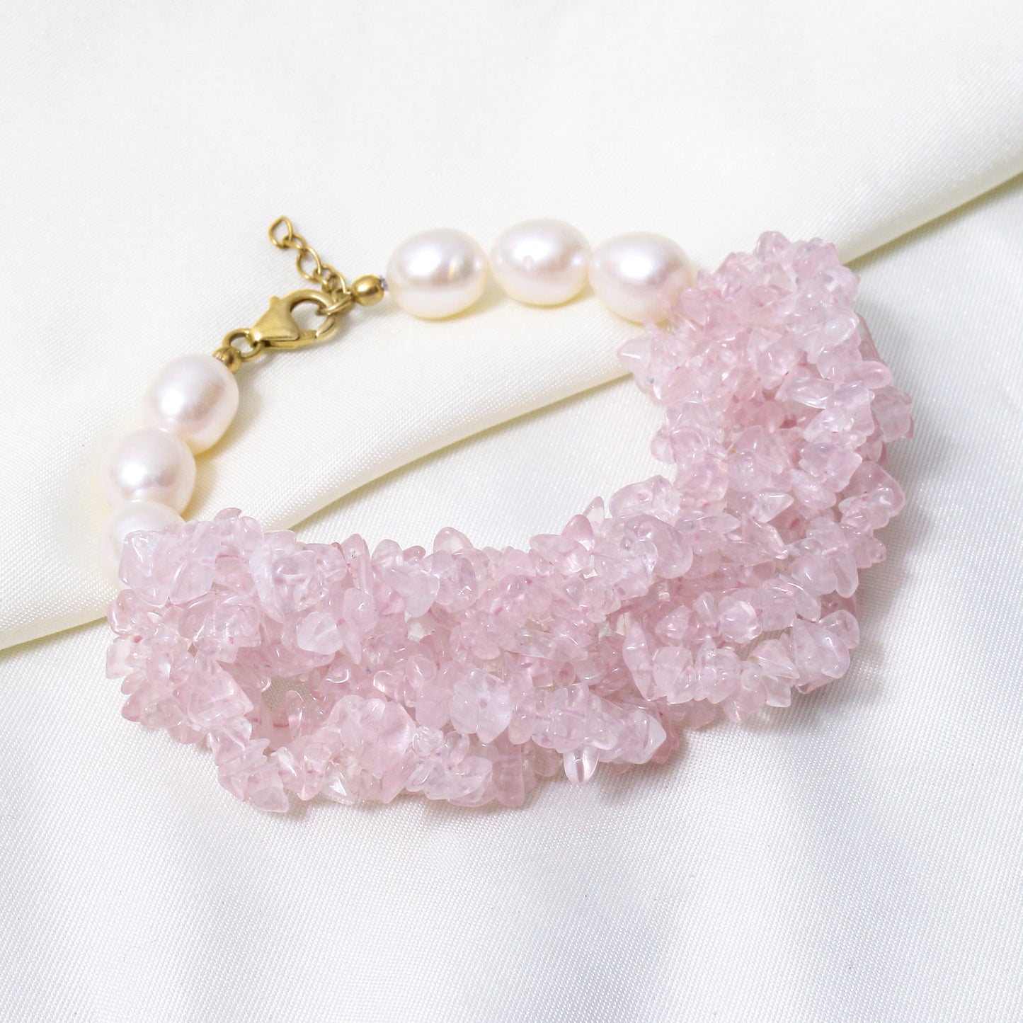 Natural Rose Quartz & Pearl Gemstone Designer Bracelet – Handmade Chunky Crystal & Freshwater Pearl Healing Jewelry