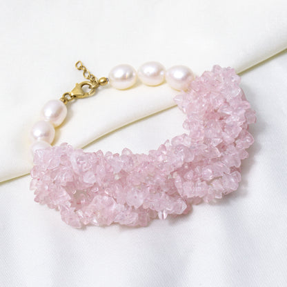Natural Rose Quartz & Pearl Gemstone Designer Bracelet – Handmade Chunky Crystal & Freshwater Pearl Healing Jewelry