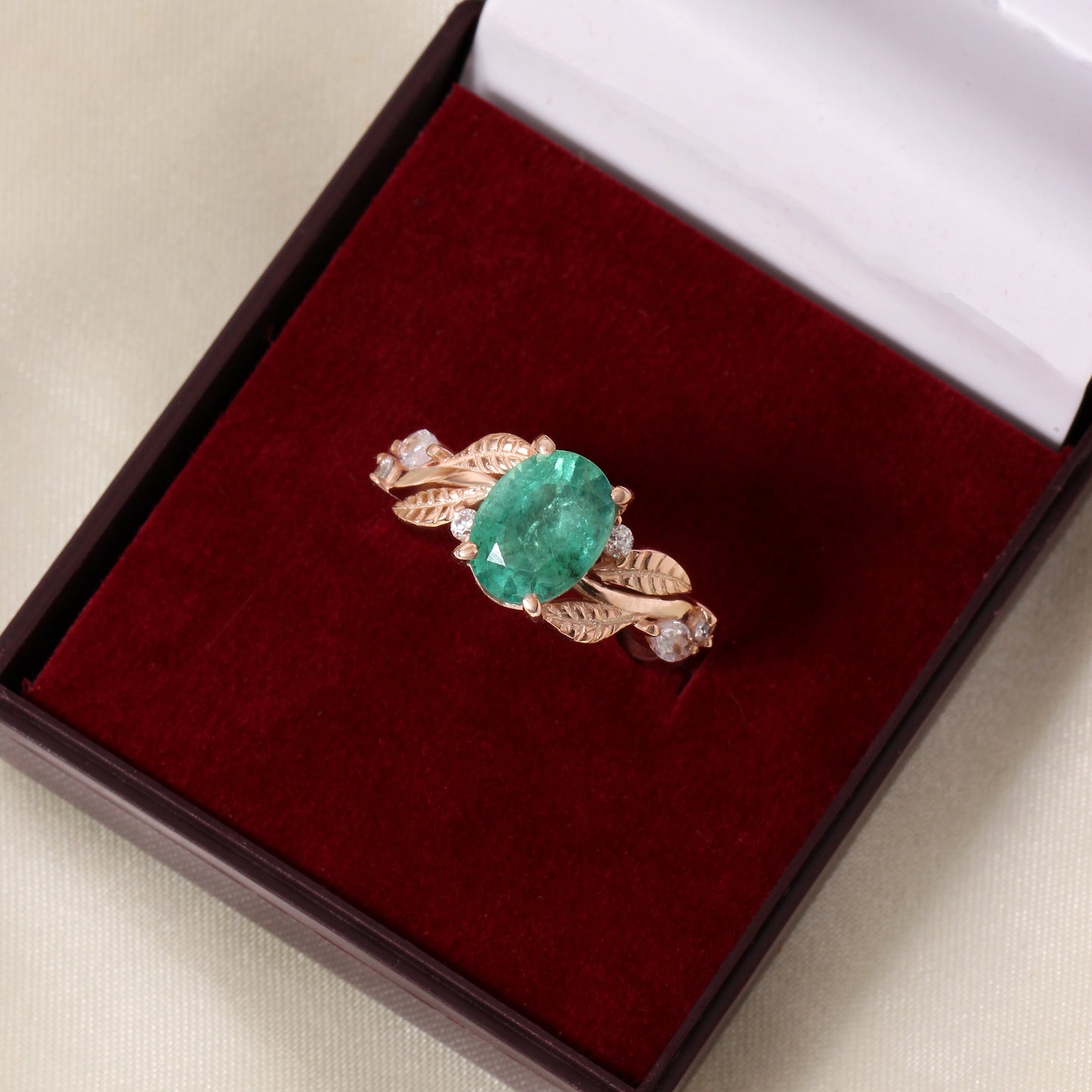 Natural Emerald Gemstone Ring in Rose Gold – Oval Cut Green Emerald Leaf Design Engagement Ring for Women