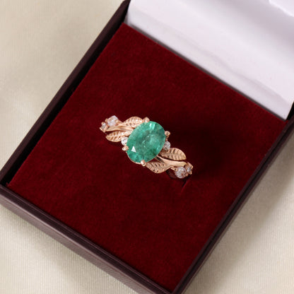 Natural Emerald Gemstone Ring in Rose Gold – Oval Cut Green Emerald Leaf Design Engagement Ring for Women