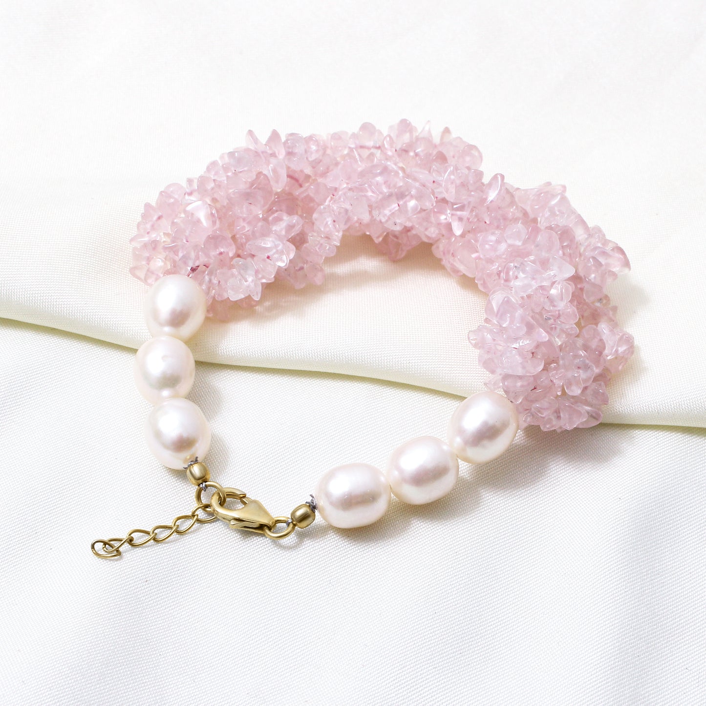 Natural Rose Quartz & Pearl Gemstone Designer Bracelet – Handmade Chunky Crystal & Freshwater Pearl Healing Jewelry