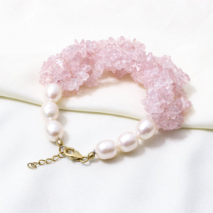 Natural Rose Quartz & Pearl Gemstone Designer Bracelet – Handmade Chunky Crystal & Freshwater Pearl Healing Jewelry