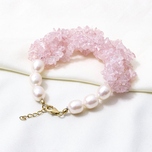 Natural Rose Quartz & Pearl Gemstone Designer Bracelet – Handmade Chunky Crystal & Freshwater Pearl Healing Jewelry