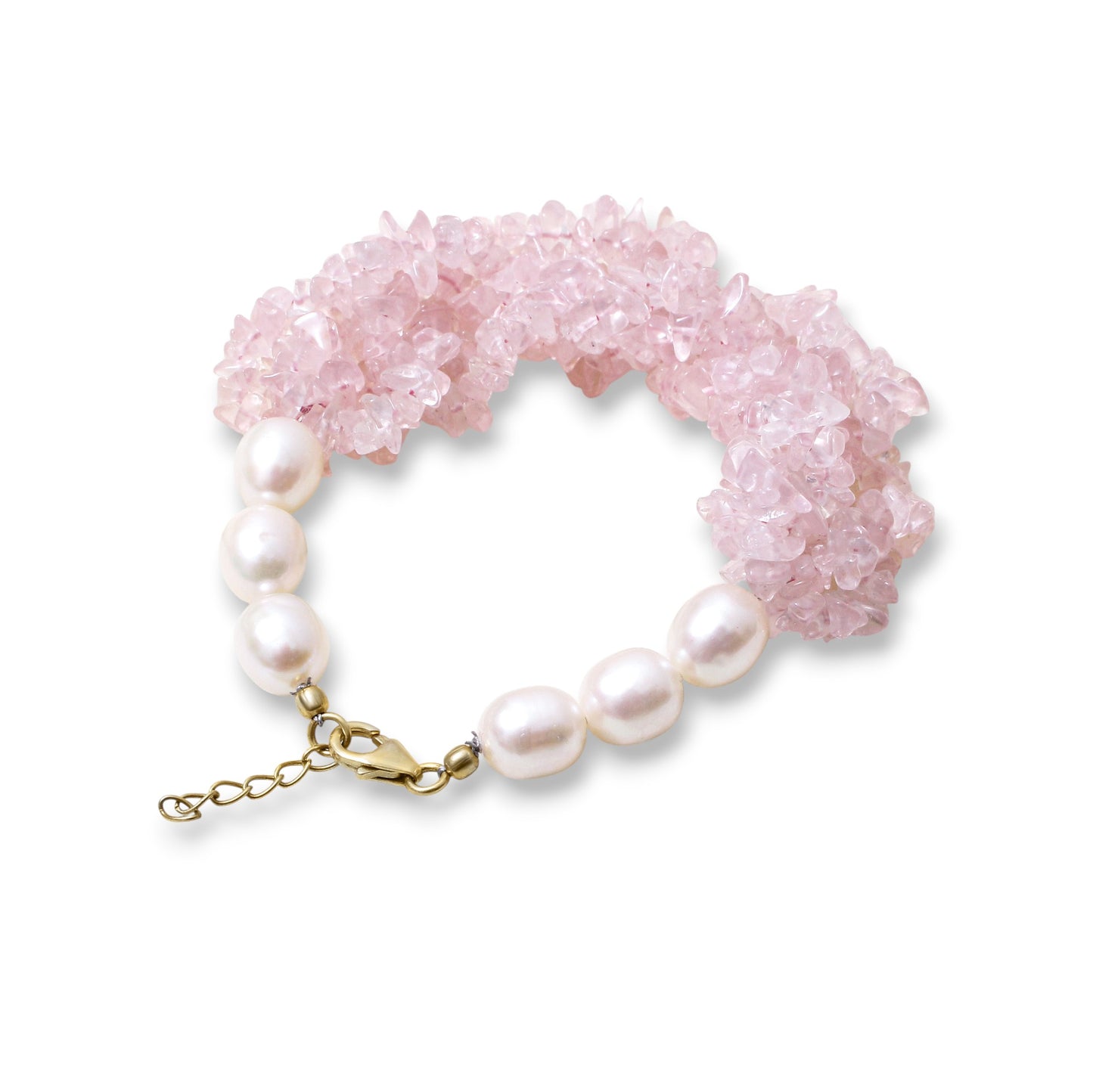 Natural Rose Quartz & Pearl Gemstone Designer Bracelet – Handmade Chunky Crystal & Freshwater Pearl Healing Jewelry
