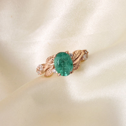 Natural Emerald Gemstone Ring in Rose Gold – Oval Cut Green Emerald Leaf Design Engagement Ring for Women