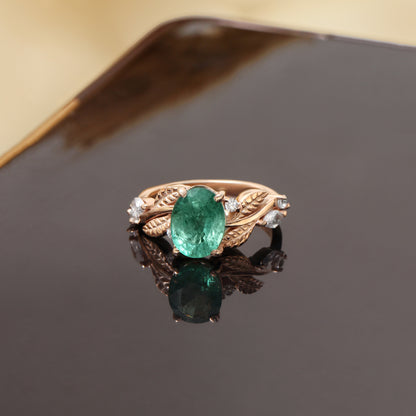 Natural Emerald Gemstone Ring in Rose Gold – Oval Cut Green Emerald Leaf Design Engagement Ring for Women