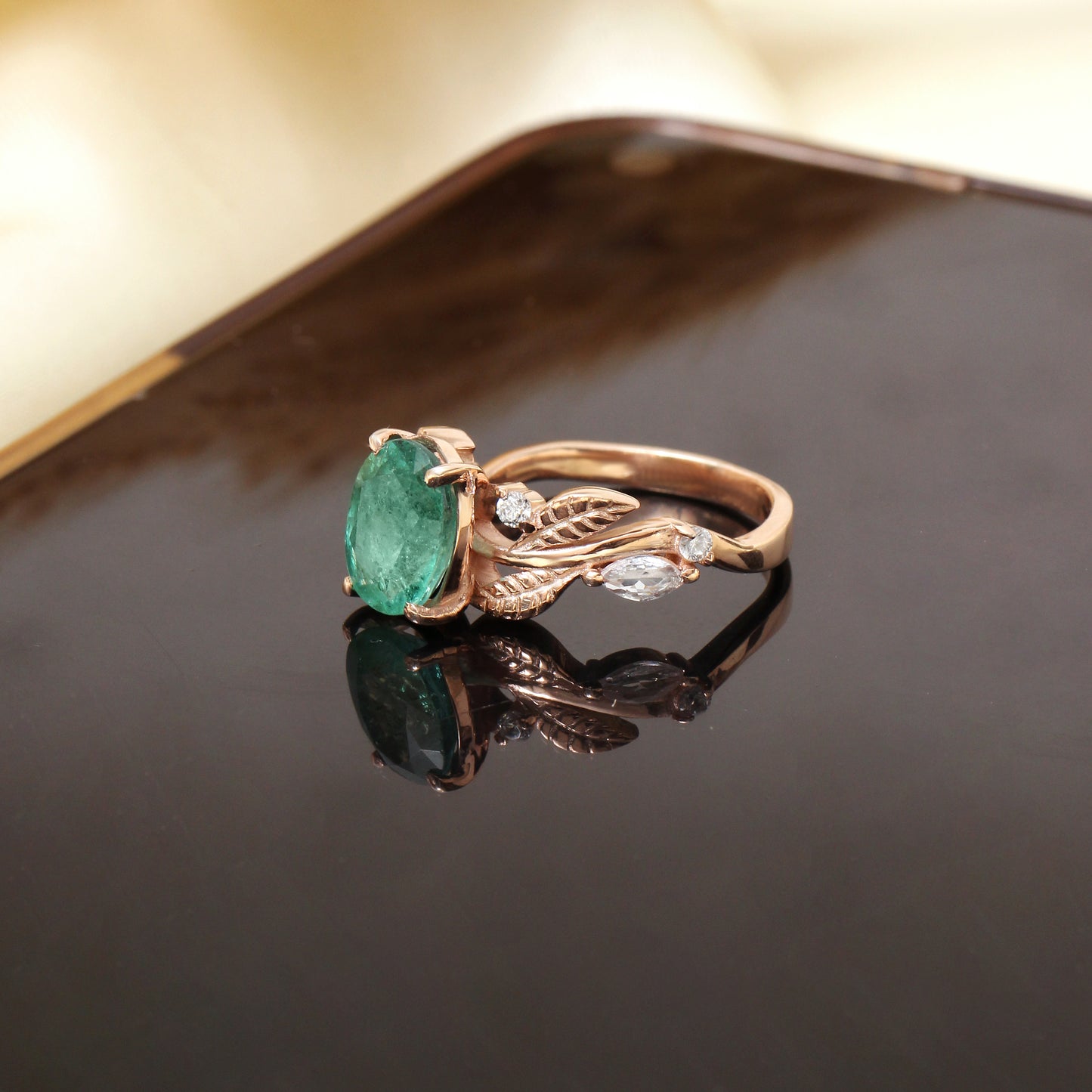 Natural Emerald Gemstone Ring in Rose Gold – Oval Cut Green Emerald Leaf Design Engagement Ring for Women