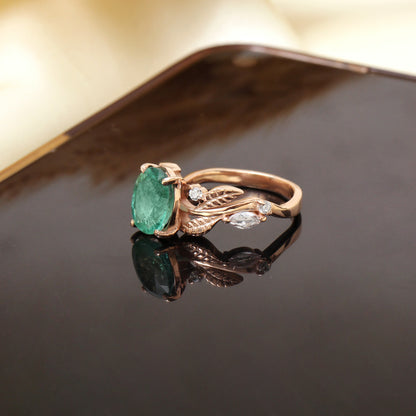 Natural Emerald Gemstone Ring in Rose Gold – Oval Cut Green Emerald Leaf Design Engagement Ring for Women