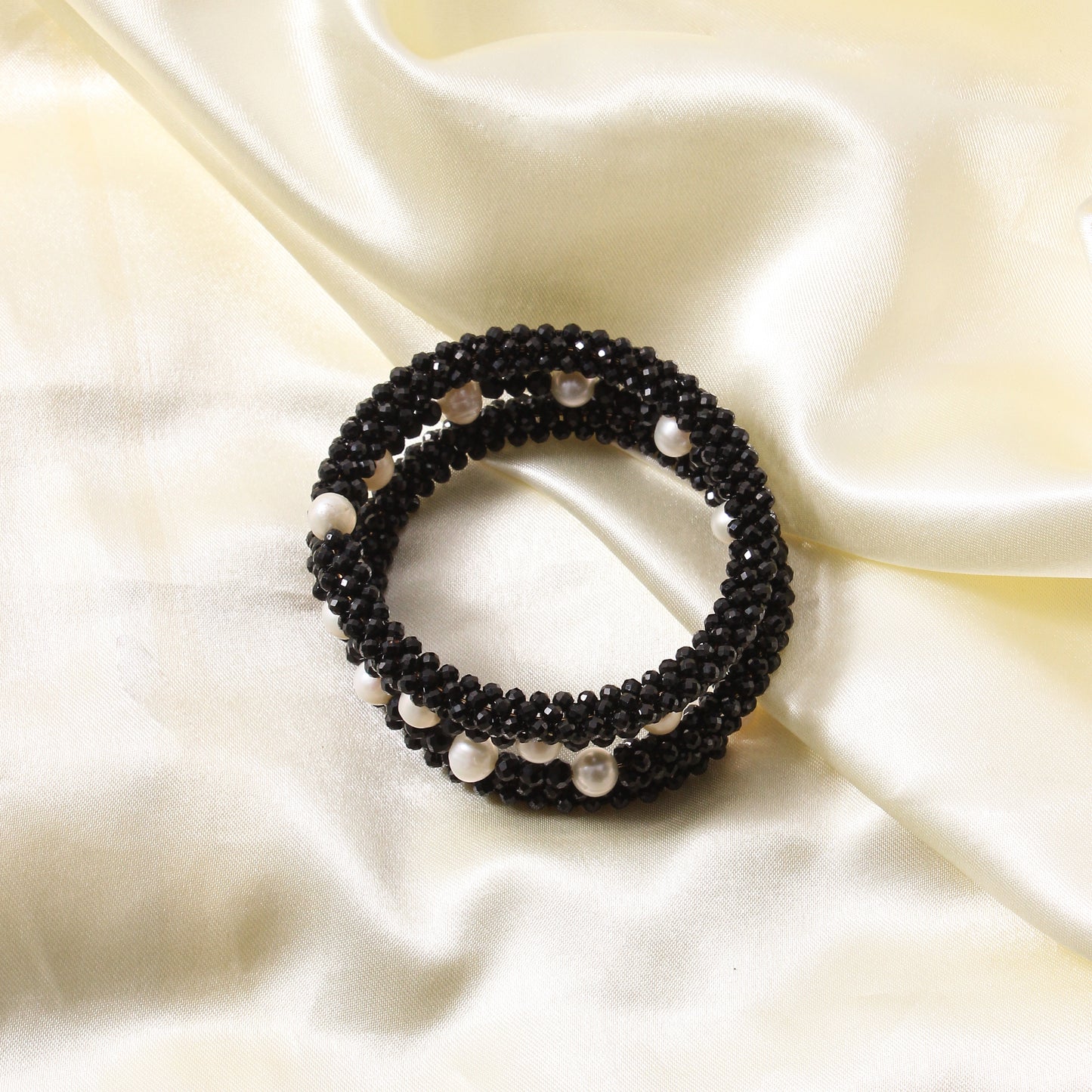 Elegant Natural Black Spinel & Pearl Wrap Style Beaded Bangle – Handmade Stretch Bracelet