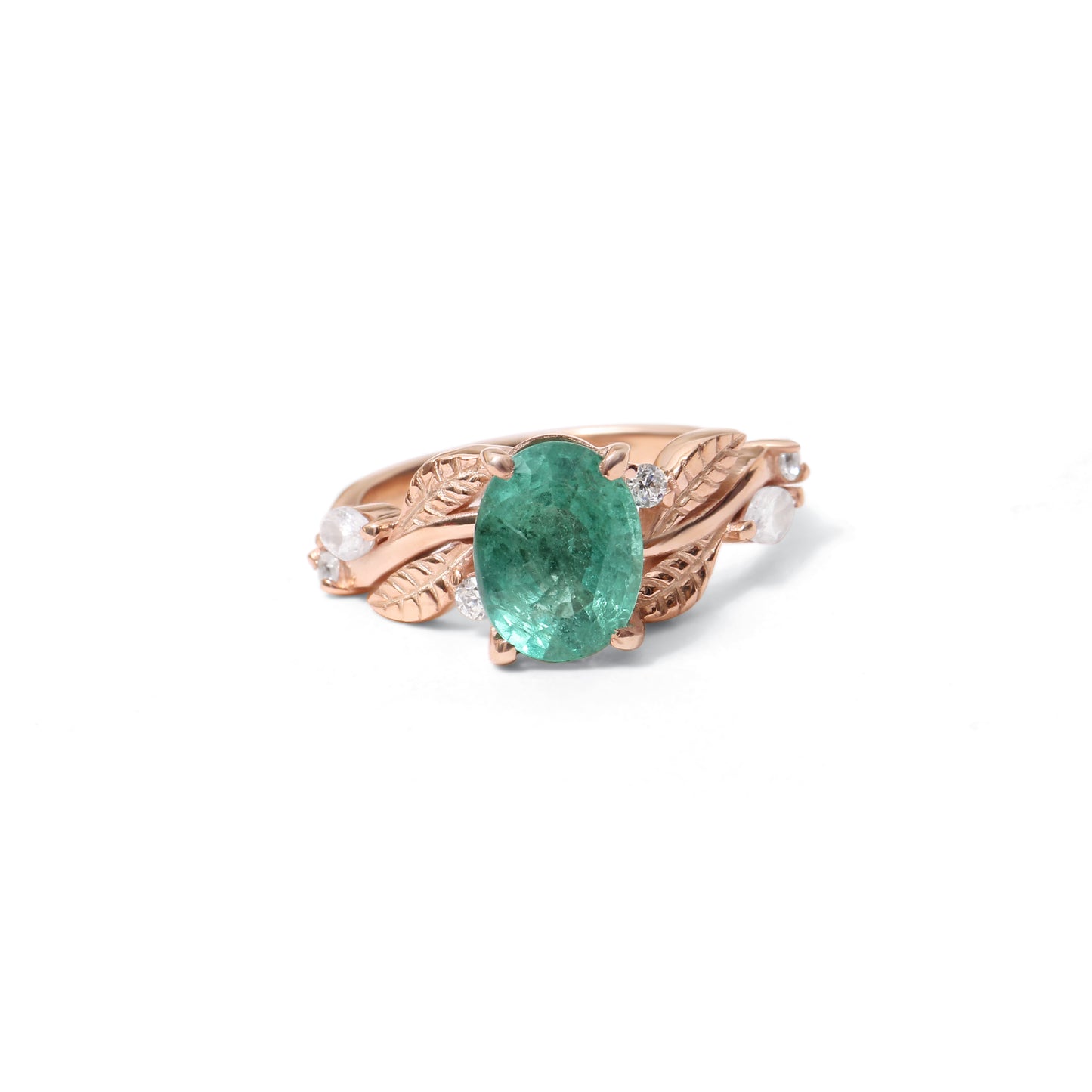 Natural Emerald Gemstone Ring in Rose Gold – Oval Cut Green Emerald Leaf Design Engagement Ring for Women