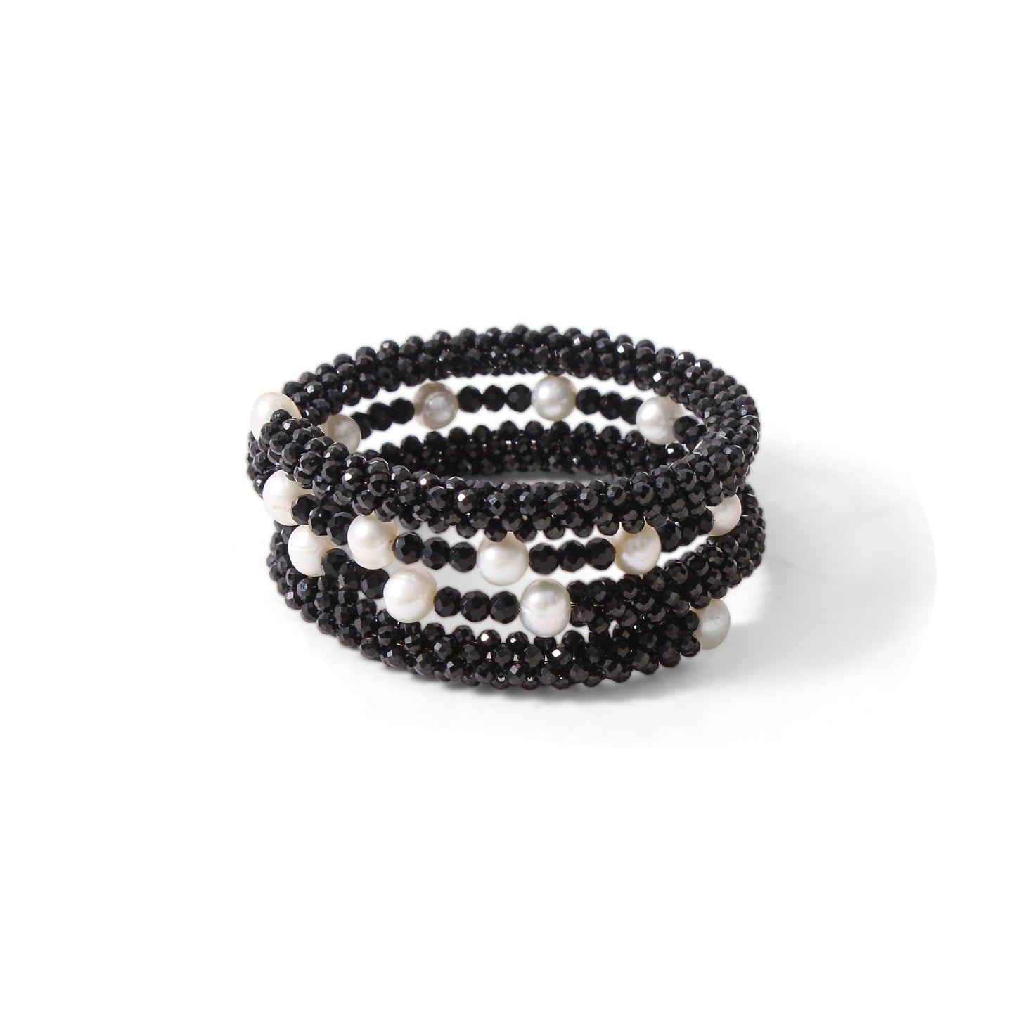 Elegant Natural Black Spinel & Pearl Wrap Style Beaded Bangle – Handmade Stretch Bracelet