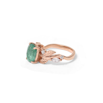 Natural Emerald Gemstone Ring in Rose Gold – Oval Cut Green Emerald Leaf Design Engagement Ring for Women