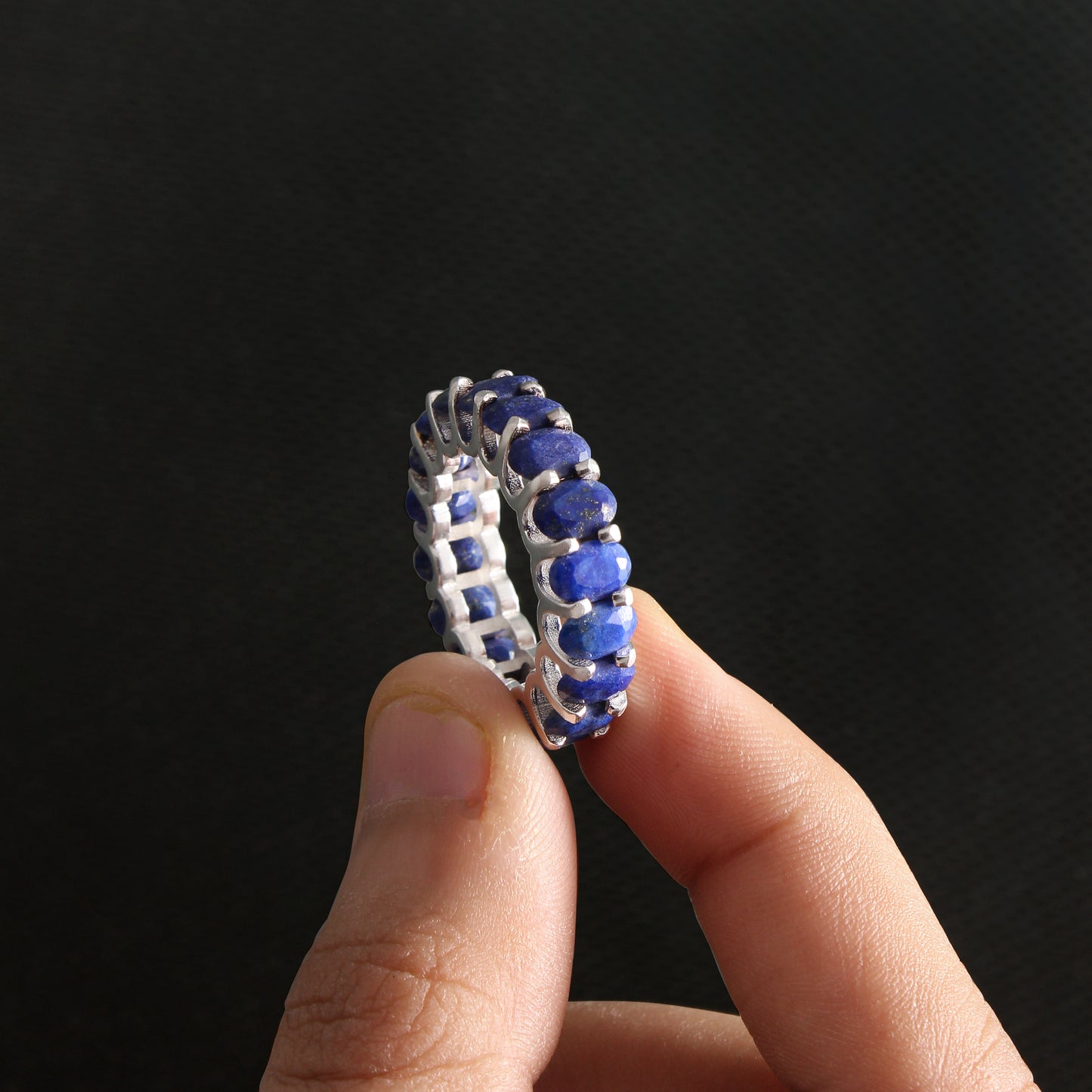 Lapis Lazuli Eternity Band Ring – Natural Deep Blue Gemstone Ring for Women | Sterling Silver Finish