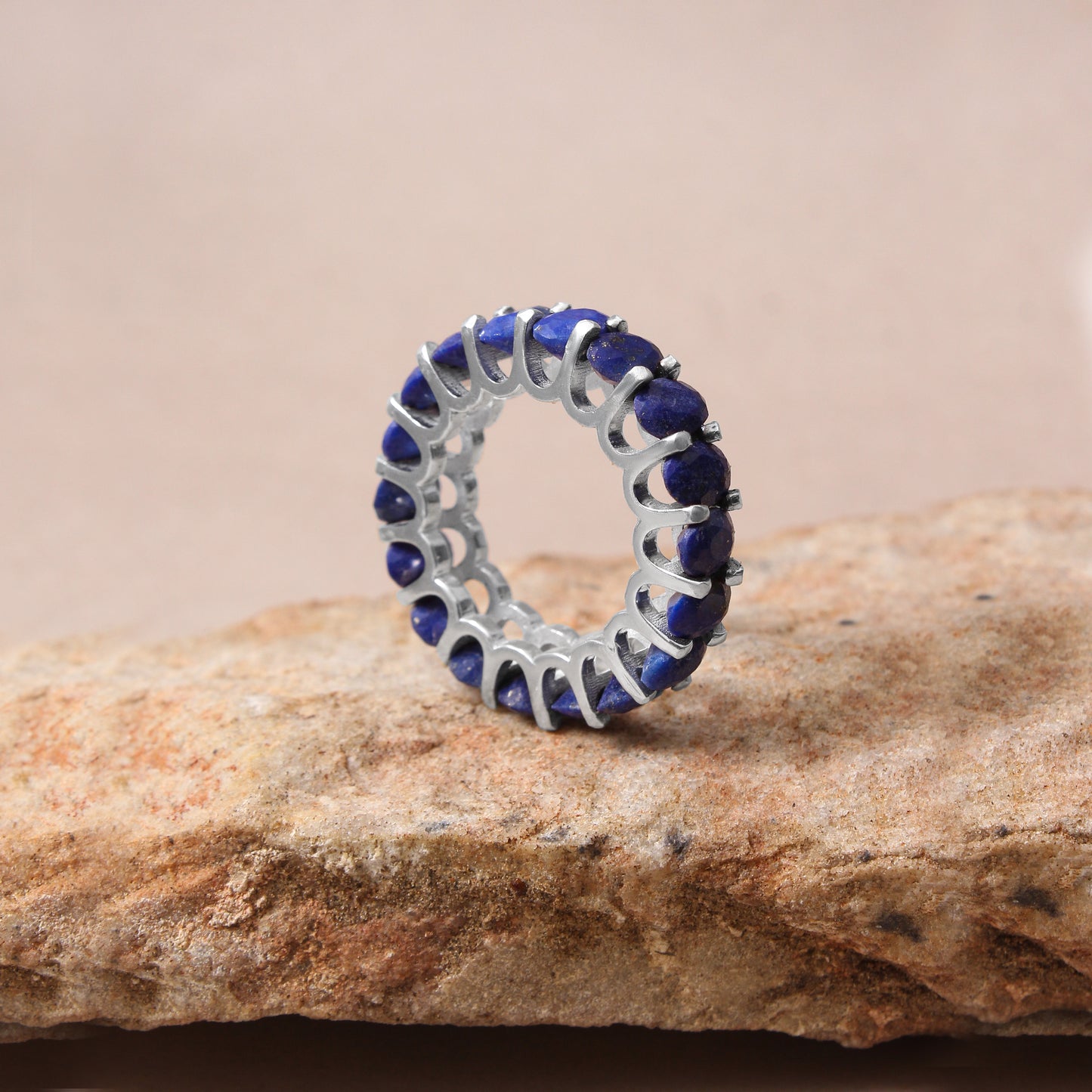 Lapis Lazuli Eternity Band Ring – Natural Deep Blue Gemstone Ring for Women | Sterling Silver Finish