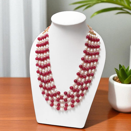 Natural Pink Quartz & Pearl 5-Layered Sarafa Necklace – Elegant Multi-Strand Statement Jewelry