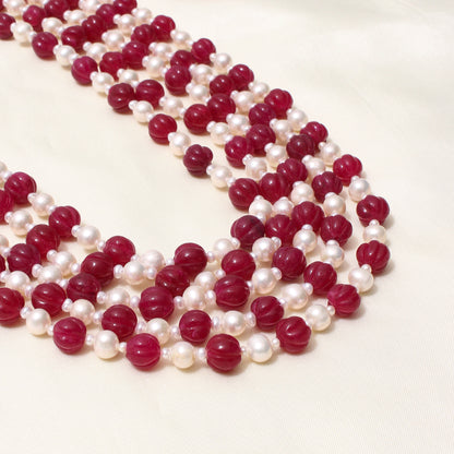 Natural Pink Quartz & Pearl 5-Layered Sarafa Necklace – Elegant Multi-Strand Statement Jewelry