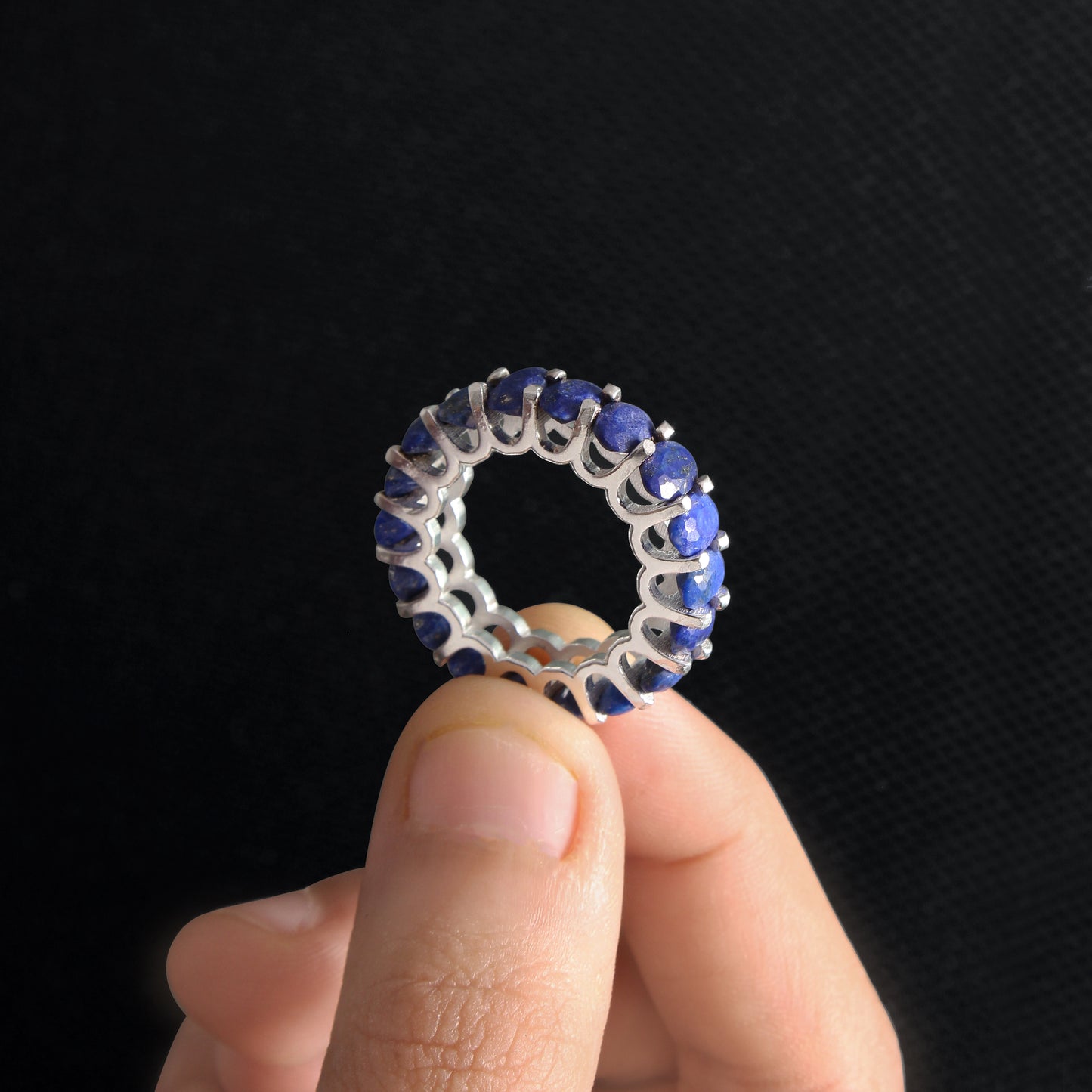 Lapis Lazuli Eternity Band Ring – Natural Deep Blue Gemstone Ring for Women | Sterling Silver Finish