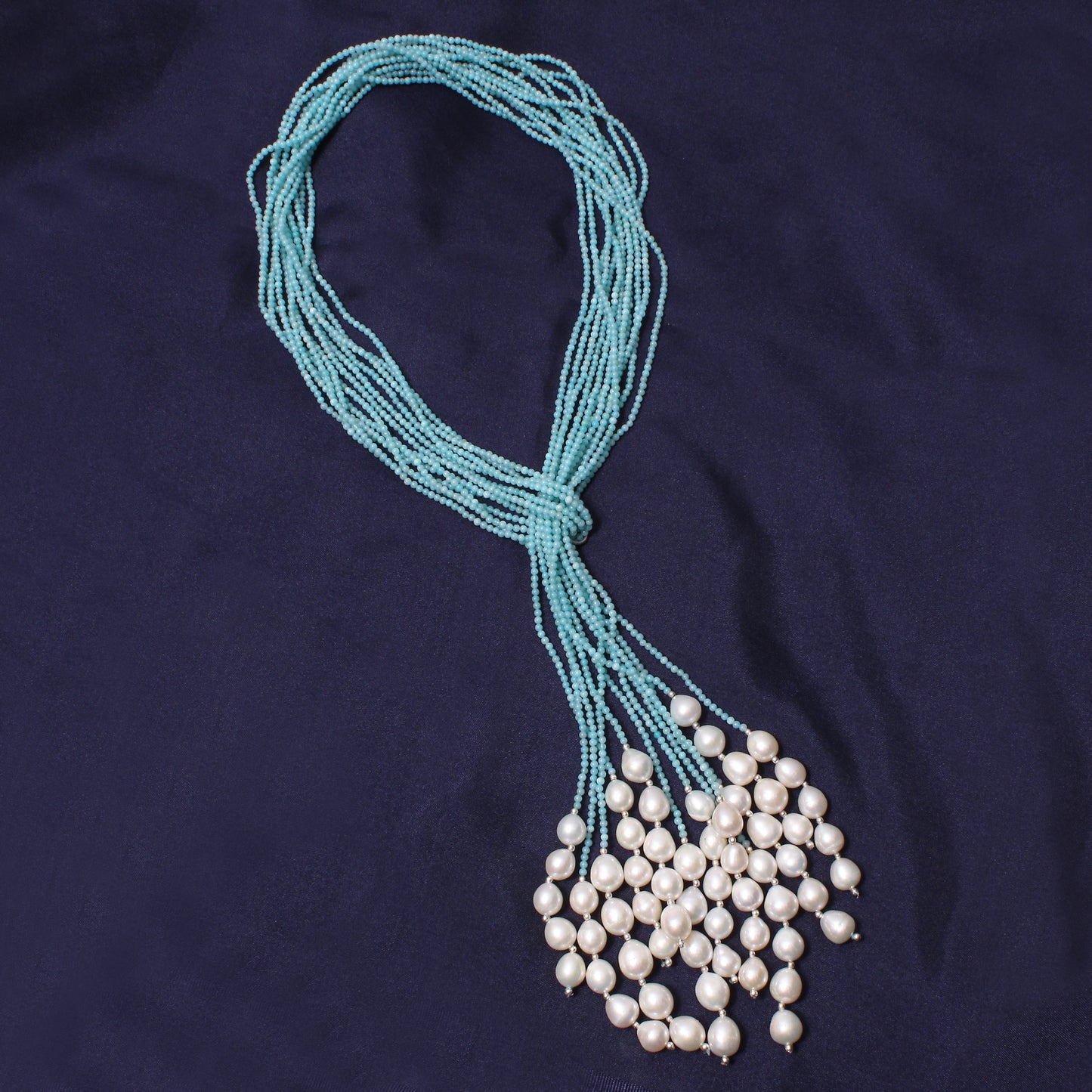Elegant Natural Pearl & Amazonite Multi-Strand Designer Necklace – Handmade Healing Jewelry for Calm & Balance