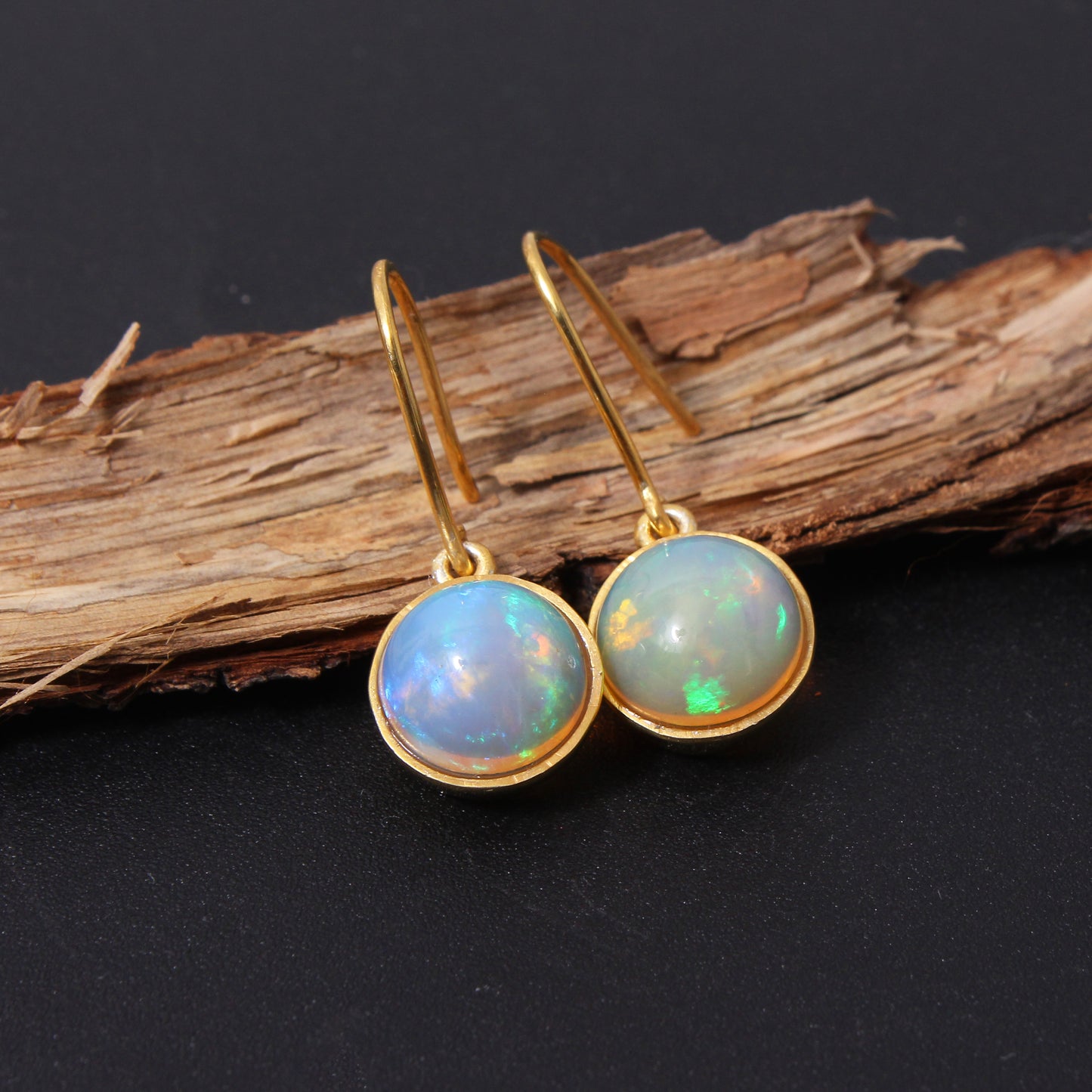 Natural Ethiopian Opal Drop Earrings – Iridescent Fire Opal Gold-Plated Dangle Earrings for Women
