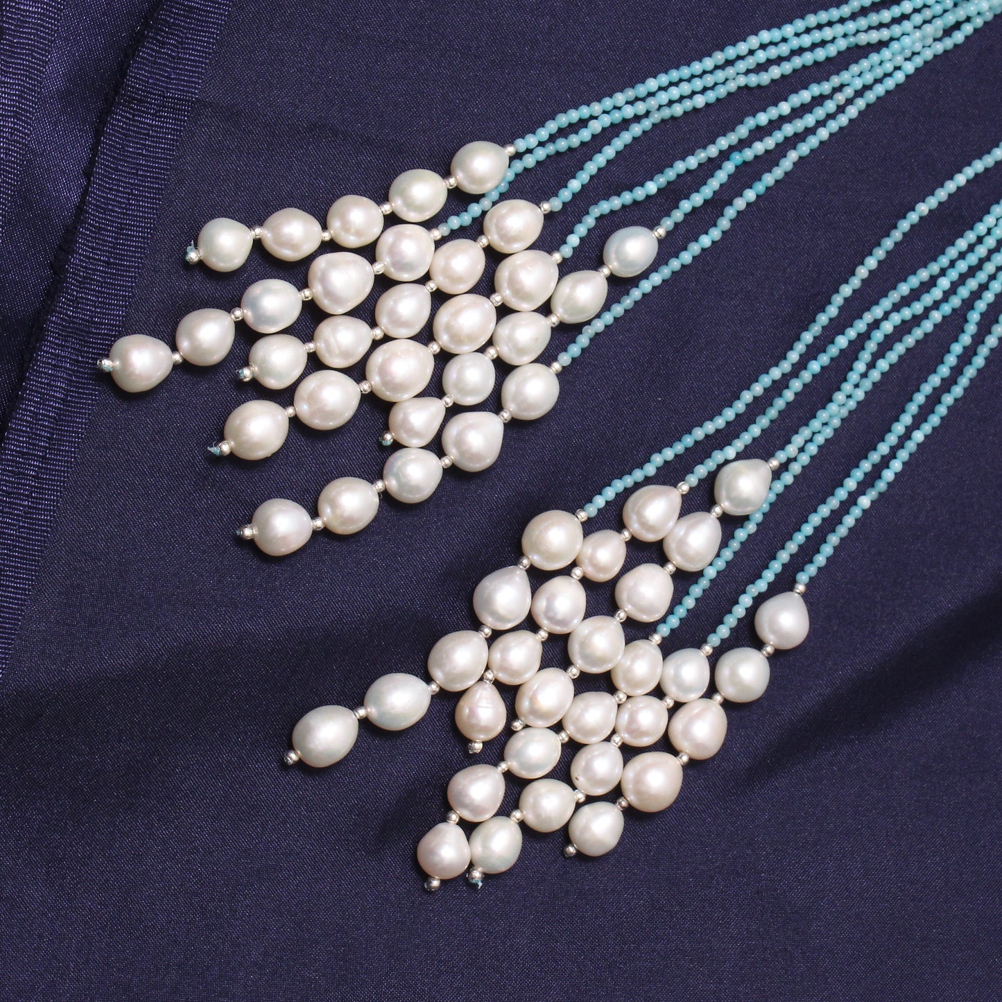 Elegant Natural Pearl & Amazonite Multi-Strand Designer Necklace – Handmade Healing Jewelry for Calm & Balance