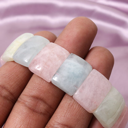 Natural Aquamarine Fancy Shape Rectangle Stretch Bead Bracelet – Calming Blue Gemstone Crystal Jewelry