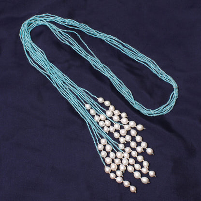 Elegant Natural Pearl & Amazonite Multi-Strand Designer Necklace – Handmade Healing Jewelry for Calm & Balance