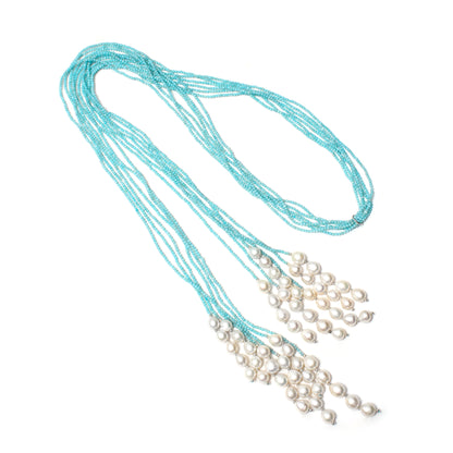 Elegant Natural Pearl & Amazonite Multi-Strand Designer Necklace – Handmade Healing Jewelry for Calm & Balance