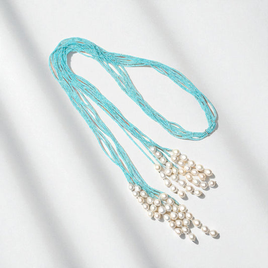 Elegant Natural Pearl & Amazonite Multi-Strand Designer Necklace – Handmade Healing Jewelry for Calm & Balance